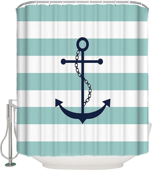 Nautical Anchor Shower Curtain with Green and White Stripes, Fresh