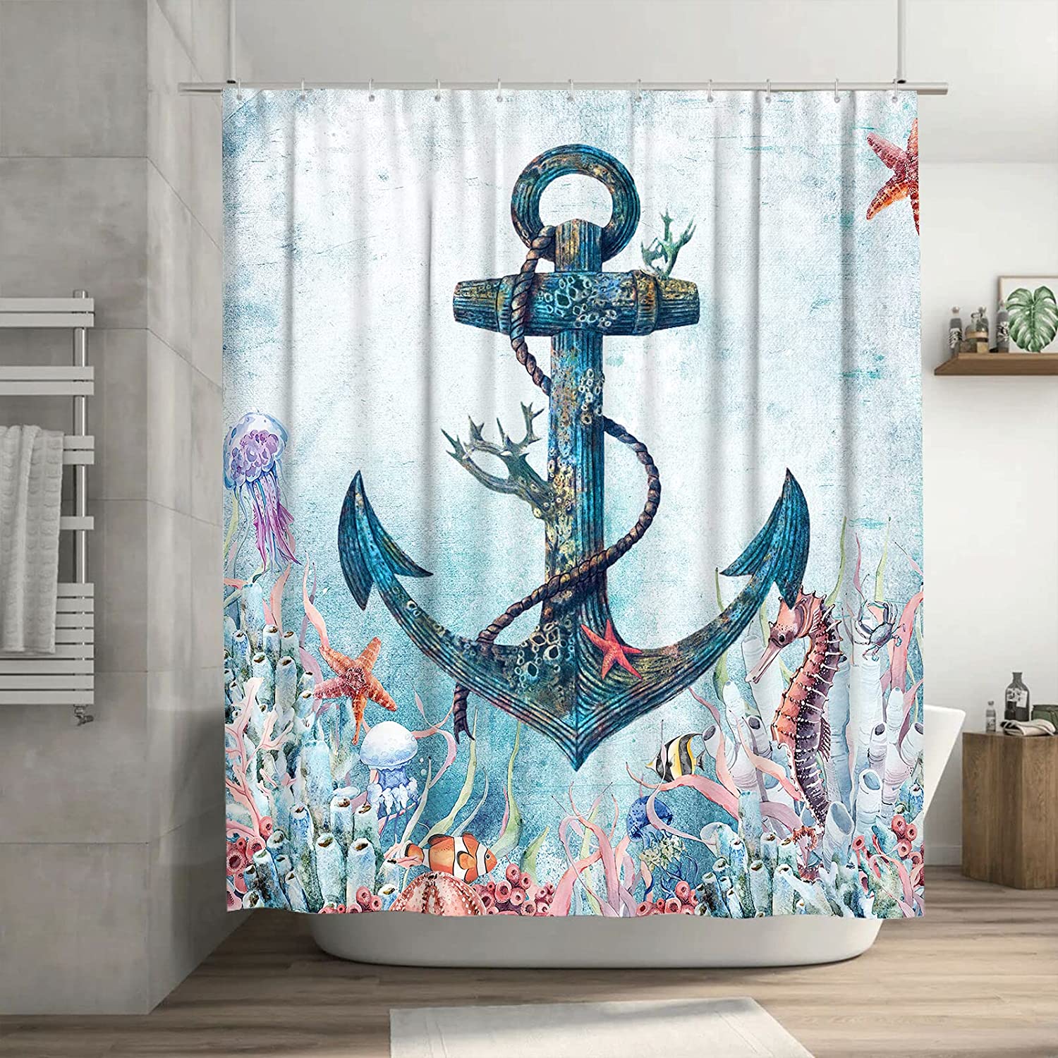 Nautical Anchor Shower Curtain with Ocean Landscape Design and