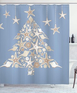 Nautical Christmas Shower Curtain, Elements Sea Life Theme with Noel Tree Winter Season in Beige Cream Bathroom Decor