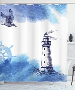Nautical Lighthouse Shower Curtain, Watercolors Gull Anchor Tower Cloth Fabric Bathroom Decor, Home Decor Blue/White