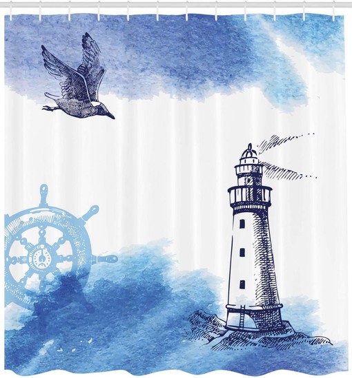 Nautical Lighthouse Shower Curtain, Watercolors Gull Anchor Tower Cloth Fabric Bathroom Decor, Home Decor Blue/White - Image 2