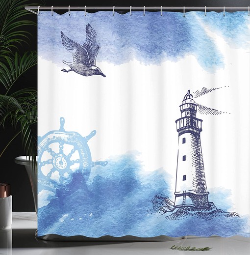 Nautical Lighthouse Shower Curtain, Watercolors Gull Anchor Tower Cloth Fabric Bathroom Decor, Home Decor Blue/White - Image 3