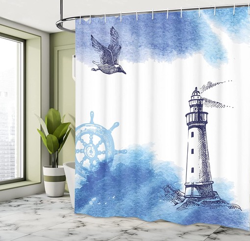Nautical Lighthouse Shower Curtain, Watercolors Gull Anchor Tower Cloth Fabric Bathroom Decor, Home Decor Blue/White - Image 4