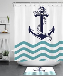 Navy Anchor White Shower Curtain with Abstract Sea Water for a Nautical Bathroom Decor