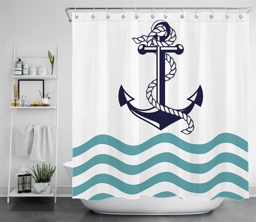 Navy Anchor White Shower Curtain with Abstract Sea Water for a Nautical Bathroom Decor - Image 2