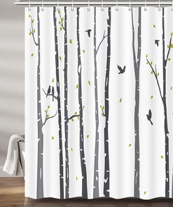 Neutral Birch Forest Gray Tree Shower Curtain with Rowley Birds for Rustic Bathroom Decor