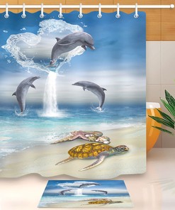 Ocean Jumping Turtle Tropical Shower Curtain for Bathroom Decor