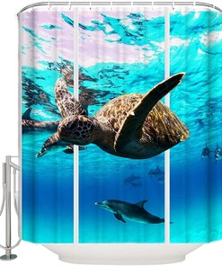Ocean Life 3D Shower Curtain with Sea Turtle and Dolphin Design for Bathroom Decor