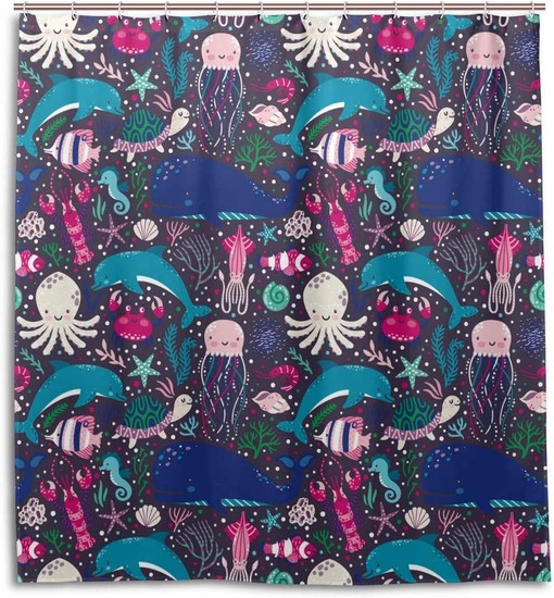 Ocean Life Shower Curtain with Octopus, Whale, Turtle, and Jellyfish for Nautical Bathroom Decor
