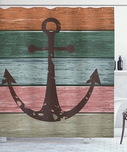 Ocean Theme Anchor Shower Curtain, Rustic Marine on Wooden Planks Nautical Bathroom Sign Design- Bathroom Decor