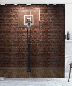 Old Brick Wall Basketball Hoop Rim Shower Curtain, Indoor Training Exercising Stadium Picture Cloth Bathroom Decor in Brown