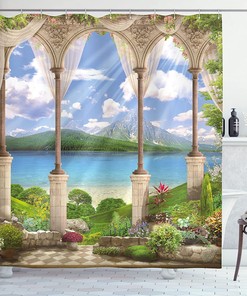 Old Stone Arch Shower Curtain, Sea Balcony Garden Plants Art Print for Bathroom Decor, Green Cloth Fabric