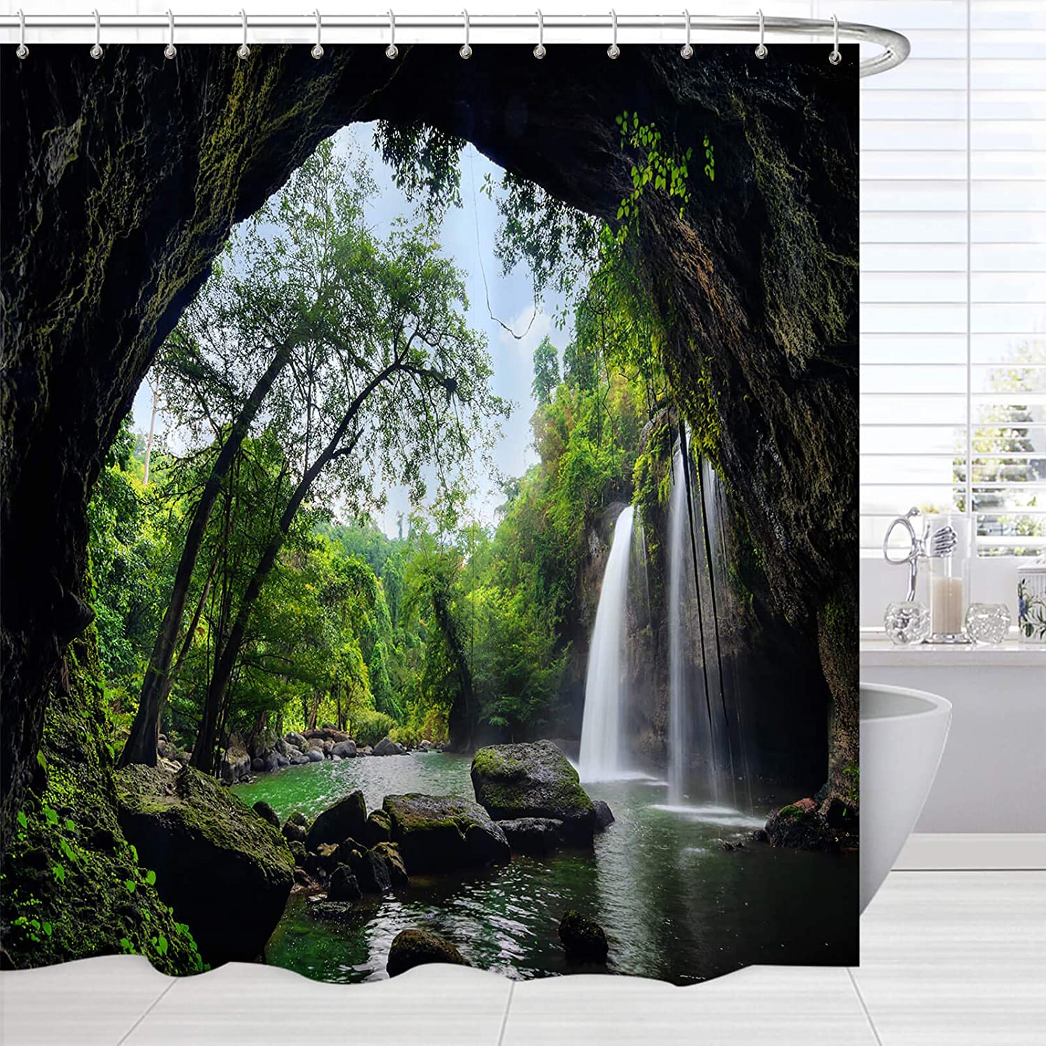 Outdoor Scene Shower Curtain Tropical Cave Waterfall and Trees Design