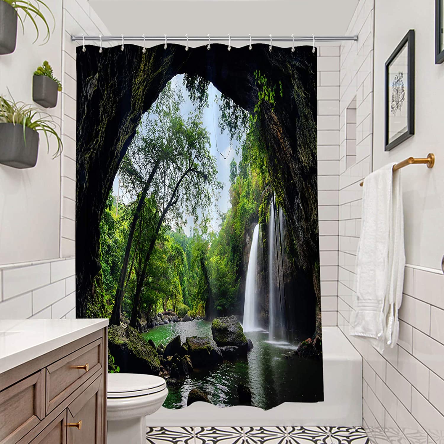 Outdoor Scene Shower Curtain Tropical Cave Waterfall and Trees Design