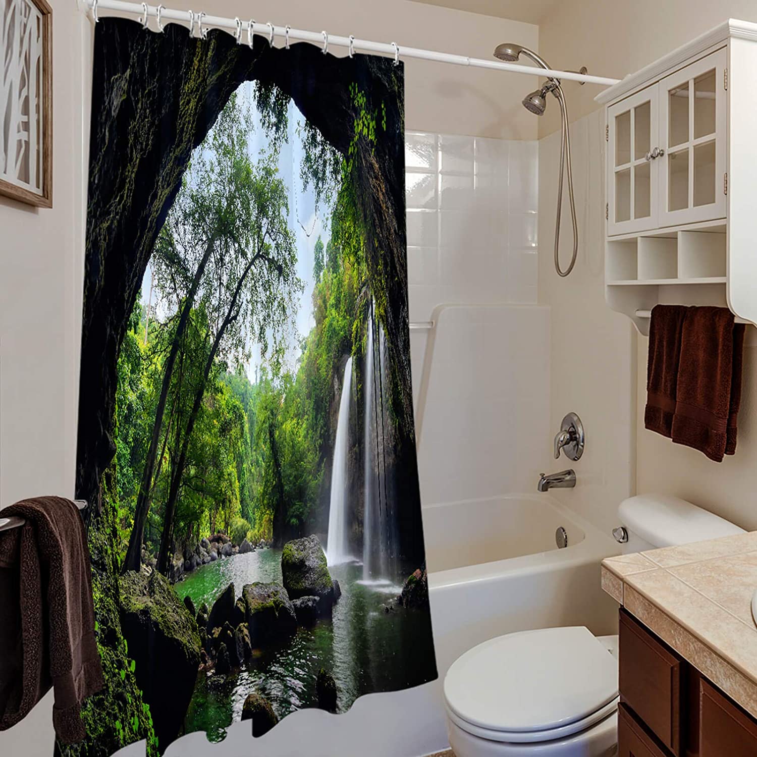 Outdoor Scene Shower Curtain Tropical Cave Waterfall and Trees Design