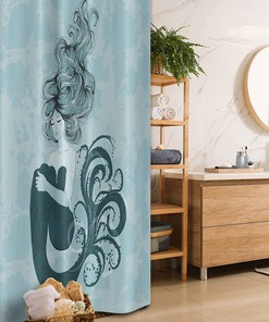 Pale Blue and Dark Teal Sleeping Mermaid Stall Shower Curtain with Hand Drawn Effect Design for a Dreamy Bathroom Decor