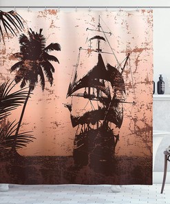 Palm Trees Ocean Shower Curtain, Pirate Ship on Misty High Seas, Bathroom Decor Bathroom Curtain
