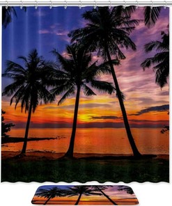 Palm Trees and Ocean Sunset Hawaii Shower Curtain for Bathroom Decor