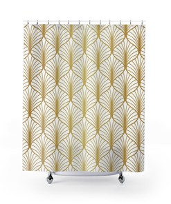 Peacock Fan Pattern Shower Curtain - Abstract Art Deco Chic Modern Bathroom Accessory in White and Gold