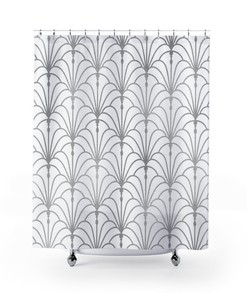 Peacock Fan Pattern Shower Curtain - Abstract Art Deco Chic Modern Bathroom Accessory in White and Silver