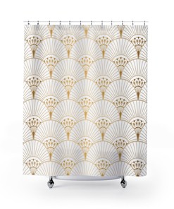 Peacock Fan Pattern Shower Curtain - Fresh Modern Bath Deco Abstract Art Deco in White and Gold