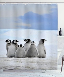Penguin Arctic Animals Shower Curtain, Snow Pile Winter Sky Cloth Fabric Bathroom Decor