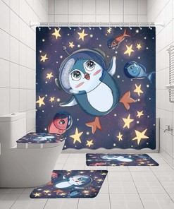 Penguin Astronaut Shower Curtain and Mat Set for Bathroom Decor