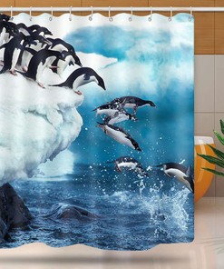 Penguin Diving Shower Curtain - Funny Sea Creature Bathroom Decor