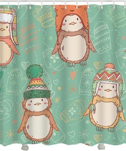 Penguin Party Shower Curtain - Cute Birds Wearing Funny Hats Bathroom Decor