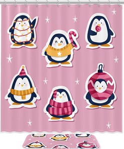 Penguin Sticker Set Shower Curtain for Bathroom Decor