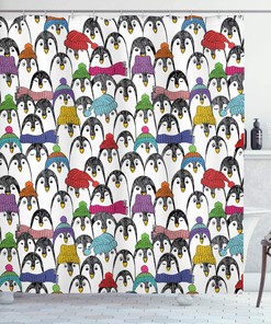 Penguin Winter Fun Shower Curtain, Colorful Hats Scarfs Cloth Bathroom Decor, Black Yellow