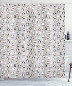 Penguin Winter Shower Curtain, Fun Snowy Penguin Scene with Snowflakes and Trees, Cloth Bathroom Decor W, Pale Grey