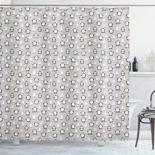 Penguin Winter Shower Curtain, Fun Snowy Penguin Scene with Snowflakes and Trees, Cloth Bathroom Decor W, Pale Grey