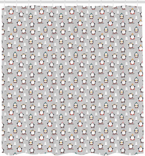 Penguin Winter Shower Curtain, Fun Snowy Penguin Scene with Snowflakes and Trees, Cloth Bathroom Decor W, Pale Grey - Image 2