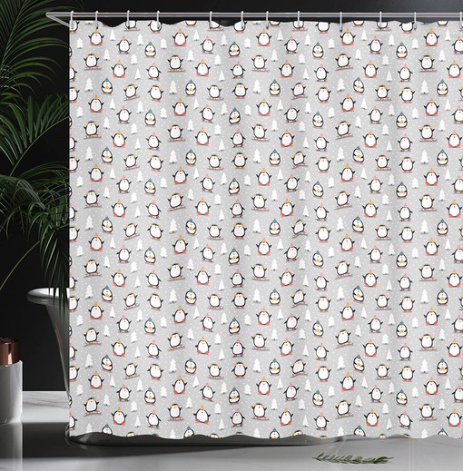 Penguin Winter Shower Curtain, Fun Snowy Penguin Scene with Snowflakes and Trees, Cloth Bathroom Decor W, Pale Grey - Image 3
