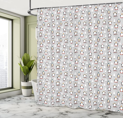 Penguin Winter Shower Curtain, Fun Snowy Penguin Scene with Snowflakes and Trees, Cloth Bathroom Decor W, Pale Grey - Image 4