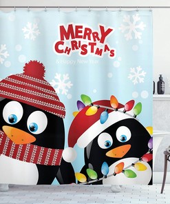Penguins Christmas Shower Curtain, Happy Christmas Snowflake Background with Arctic Animals Print in Ruby Bathroom Decor