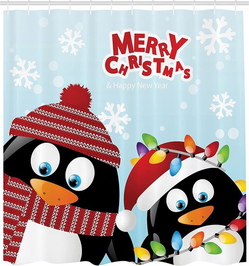 Penguins Christmas Shower Curtain, Happy Christmas Snowflake Background with Arctic Animals Print in Ruby Bathroom Decor - Image 2