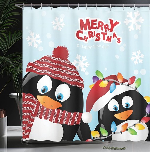 Penguins Christmas Shower Curtain, Happy Christmas Snowflake Background with Arctic Animals Print in Ruby Bathroom Decor - Image 3