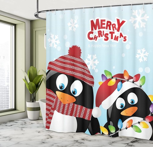 Penguins Christmas Shower Curtain, Happy Christmas Snowflake Background with Arctic Animals Print in Ruby Bathroom Decor - Image 4