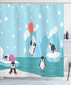 Penguins Ice Glaciers North Pole Shower Curtain Pale Sky Blue Multicolor Bathroom Decor