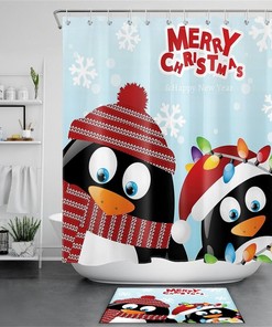 Penguins Santa Hat Snowflake Christmas Shower Curtain - Festive Bathroom Decor