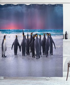 Penguins Shoreline Shower Curtain, King Penguins on Sandy Beach Waves, Underwater Bathroom Decor