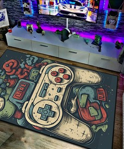Personalized Game Room with Customizable Shufflezone Game Controller Area Rug for Teen Boys