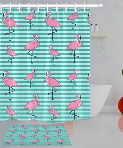 Pink Flamingo Shower Curtain Green Stripes Tropical Bathroom Decor