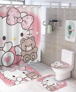 Pink Kitty Cartoon Cats Shower Curtain, Cute Bathroom Decor