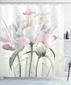 Pink Roses and Tulips Shower Curtain with Garden Leaves and Petals for Bathroom Decor