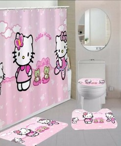 Pink and White Hello Kitty Shower Curtain and Mat for Bathroom Decor