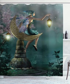 Pixie Elf Forest Woodland Cloth Fabric Shower Curtain, Sitting Moon Stone Myth Illustration Art, Bathroom Decor