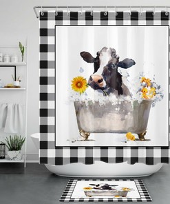 Plaid Sunflower Cow Shower Curtain - Rustic Bathroom Decor